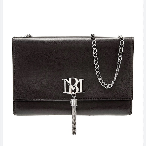 BADGLEY MISHKA - Black Vegan Leather with Gun Metal Hardware Logo, Tassel, Strap - Picture 1 of 16